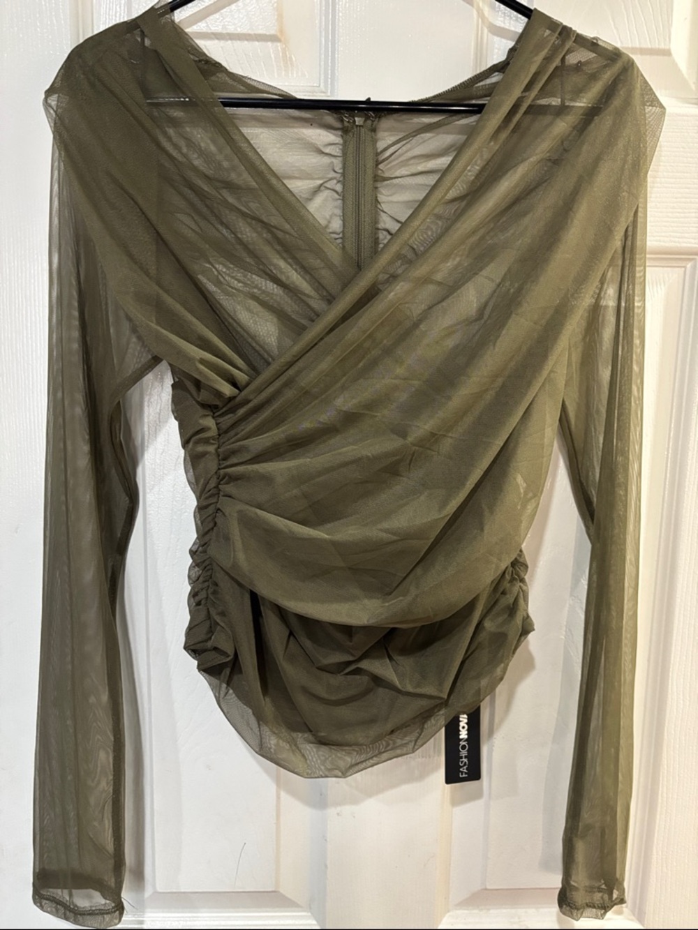 Olive Mesh Ruched Wrap Top - fashion nova